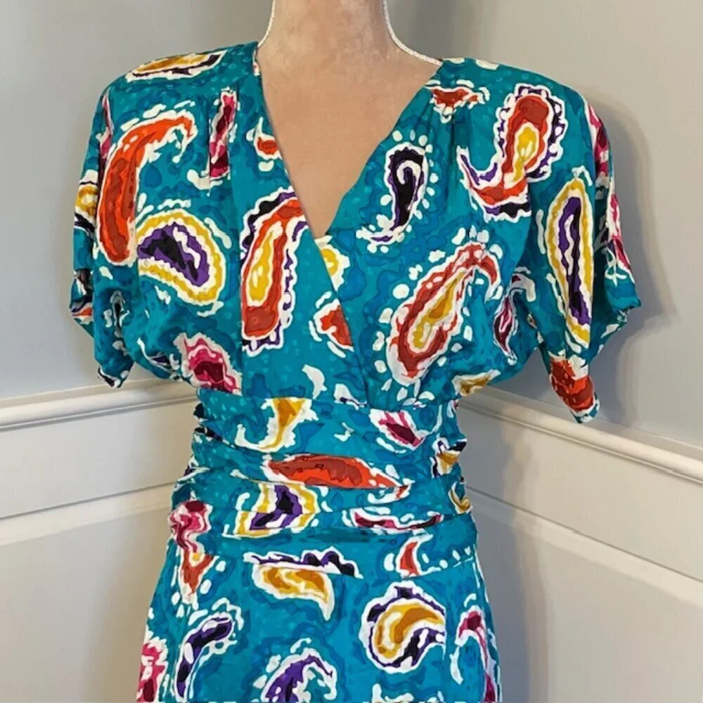 Vintage Malcolm Starr 70s 80s 100% Silk Midi Dress - Picture 3 of 10